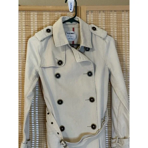 Old Navy Womens S Double Breasted Coat With Belt Rain Beige Streetwear 90's Y2K - Picture 2 of 9